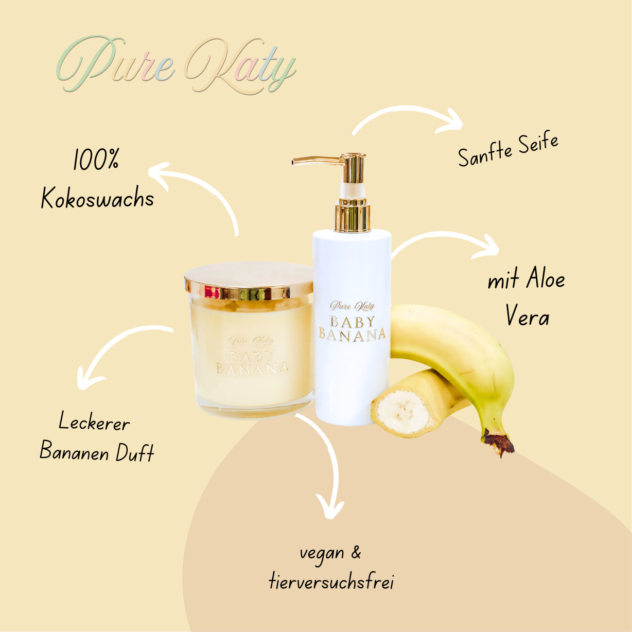 Produktpräsentation von "Pure Katy" mit einer weißen Seifenspenderflasche und einer Duftkerze im Glas, beide mit dem Schriftzug "Baby Banana". Die Grafik hebt besondere Eigenschaften hervor: 100% Kokoswachs, sanfte Seife mit Aloe Vera, vegan und tierversuchsfrei sowie ein leckerer Bananenduft. Im Hintergrund sind gelbe Bananen und ein beiger Farbverlauf zu sehen.